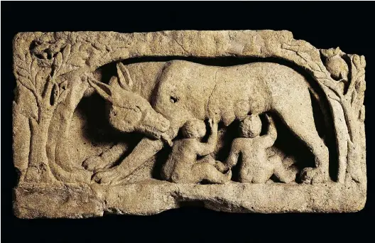  ??  ?? A relief carving showing Romulus and Remus being nursed by a she-wolf. According to legend, Romulus went on to found the city of Rome