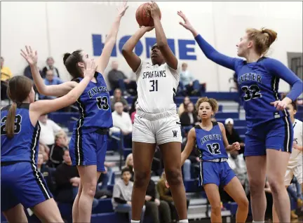  ?? BILL UHRICH — READING EAGLE ?? Wyomissing’s Amaya Stewart takes a short jumper against Exeter during the Berks County girls basketball quarterfin­als Saturday in Wyomissing.