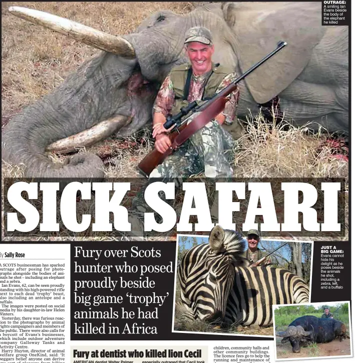  ??  ?? OUTRAGE: A smiling Ian Evans beside the body of the elephant he killed JUST A BIG GAME: Evans cannot hide his delight as he poses beside the animals he shot, including a zebra, left, and a buffalo