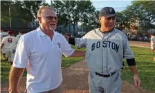  ?? STUART CAHILL / BOSTON HERALD ?? OLDTIME FEEL: A Bruins reunion of Rick Middleton (left) and Ray Bourque took place at the Old Time Baseball Game at St. Peter's Field back in August.