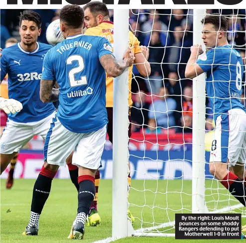  ??  ?? By the right: Louis Moult pounces on some shoddy Rangers defending to put Motherwell 1-0 in front