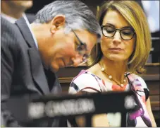  ?? Jessica Hill / Associated Press ?? Republican Senate Leader Len Fasano, of North Haven, left, and House Minority Leader Themis Klarides of Derby.