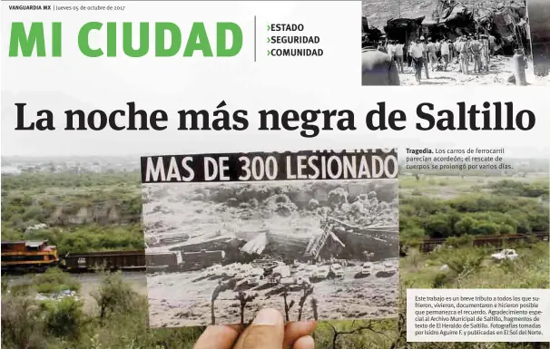  ??  ?? Tragedia. Los carros de ferrocarri­l parecían acordeón; el rescate de cuerpos se prolongó por varios días. Este trabajo es un breve tributo a todos los que sufrieron, vivieron, documentar­on e hicieron posible que permanezca el recuerdo. Agradecimi­ento...