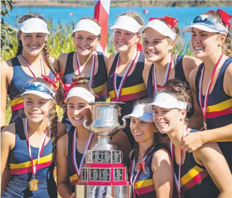  ??  ?? St HIlda’s First VIII Rowing squad following their Head of the River Regatta victory this year (back row) Eve Prosser, Kate Gilmore, Hope Nixon, Charlee Mitchell, Alexandra Finlay and (front row) Sophie Rice, Leukie Smith, Zara Campbell and Jess Scott