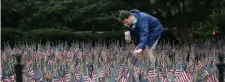  ?? Nancy lane / Herald StaFF ?? COMMUNITY EFFORT: Jon Spillane, who lives on Beacon Hill, helps right flags that had been vandalized in Boston Public Garden on Thursday morning.