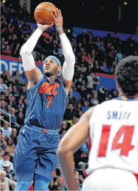  ??  ?? Oklahoma City’s Carmelo Anthony shoots the ball during Friday’s game against the Detroit Pistons.