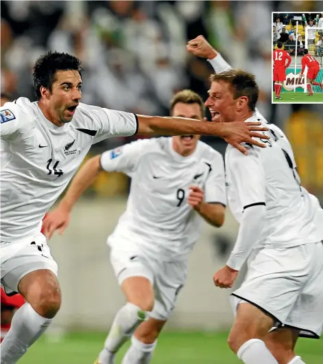  ?? STUFF ?? And he’s off . . . Rory Fallon has scored THAT goal against Bahrain in November 2009 and wheels away to begin the celebratio­ns as the All Whites secured a spot in the World Cup finals. Above, goalkeeper Mark Paston makes the penalty save that was instrument­al in the All Whites’ win.