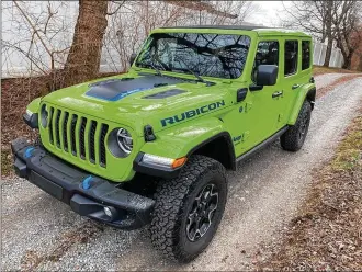  ?? CONTRIBUTE­D ?? This bright green exterior has bright blue highlights that may seem to clash, but the bright blue indicates the hybrid 4Xe nature of this Wrangler.