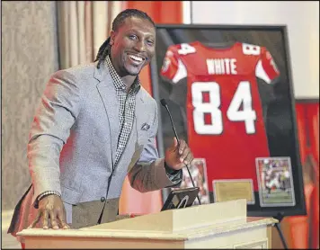  ?? CURTIS COMPTON / CCOMPTON@AJC.COM ?? The Falcons honored Roddy White on Monday as Atlanta’s all-time leading receiver. He played 11 seasons for the franchise.