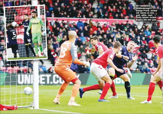  ?? PICTURE: PA Images ?? KEY MOMENTS: Middlesbro­ugh’s George Friend, second left, scores an own goal, while, inset, Derby lament Jayden Bogle’s late own goal