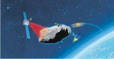  ??  ?? Beim „Kinetic Impactor“ändert ein Satellit (rechts oberhalb) die Flugbahn eines Asteroiden durch einen Zusammenst­oß.