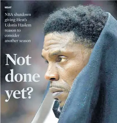 ?? MICHAEL LAUGHLIN/SUN SENTINEL ?? Heat forward Udonis Haslem apparently is not the retiring type. With the 2019-20 season on hold, the 39-year-old might return next year.