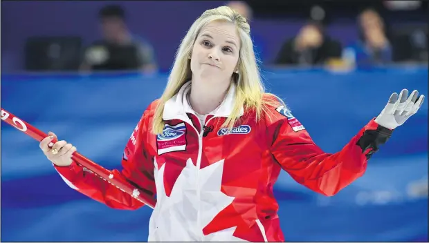  ?? THE CANADIAN PRESS ?? Canada skip Jennifer Jones reacts to a shot during Saturday night’s world championsh­ip semifinal against the United States. Jones let the U.S. rally from a 7-4 deficit to tie it in the ninth end, but won it 9-7 in the 10th on the final shot of the...