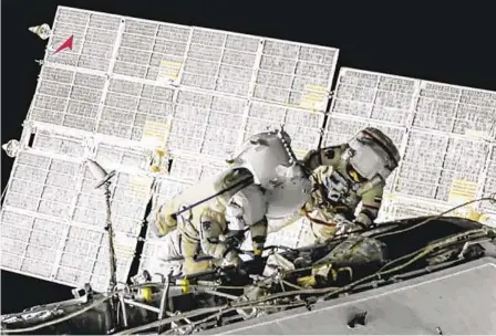  ?? ROSCOSMOS VIA AP FILE ?? Russian cosmonauts Oleg Novitsky and Pyotr Dubrov perform a spacewalk outside the Internatio­nal Space Station in 2021.