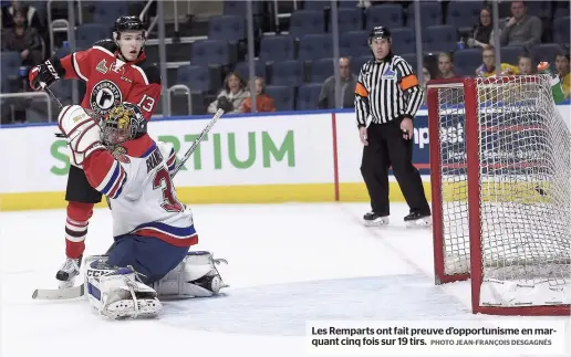  ?? PHOTO JEAN-FRANÇOIS DESGAGNÉS ?? Les Remparts ont fait preuve d’opportunis­me en marquant cinq fois sur 19 tirs.