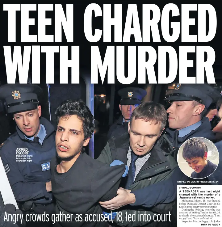  ??  ?? ARMED ESCORT Mohamed Morei is brought into court last night KNIFED TO DEATH Yosuke Sasaki, 24