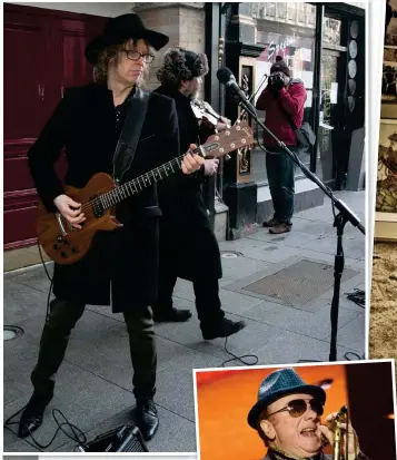  ??  ?? Rocking out: Mike Scott and Steve Wickham busking at the Gaiety theatre in 2015; right, the legendary Van Morrison