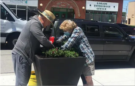  ?? KEVIN MARTIN — THE MORNING JOURNAL ?? Volunteers Terry Callahan, left, and Joan Reidy, of Lorain, install potted plants in the 700block of Broadway Avenue as part of a Downtown Lorain Beautifica­tion Project.