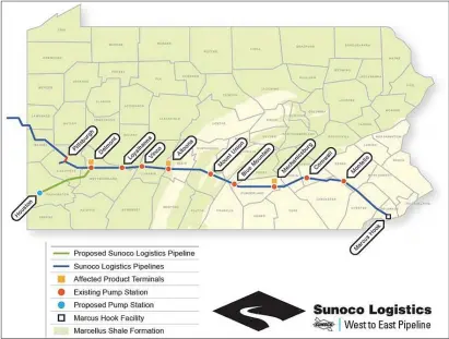  ?? MEDIANEWS GROUP FILE PHOTO ?? The map shows the Mariner East 2Project from Marcus Hook in Delaware County to terminal in Delmont in western Pennsylvan­ia. The pipeline crosses through parts of Berks and Chester counties.