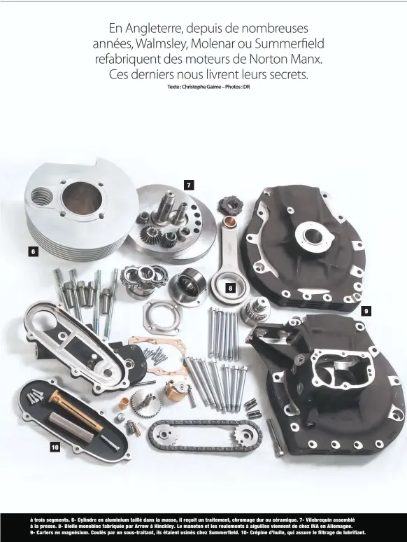  ??  ?? à trois segments. 6- Cylindre en aluminium taillé dans la masse, il reçoit un traitement, chromage dur ou céramique. 7- Vilebrequi­n assemblé à la presse. 8- Bielle monobloc fabriquée par Arrow à Hinckley. Le maneton et les roulements à aiguilles viennent de chez INA en Allemagne. 9- Carters en magnésium. Coulés par un sous-traitant, ils étaient usinés chez Summerfiel­d. 10- Crépine d’huile, qui assure le filtrage du lubrifiant.