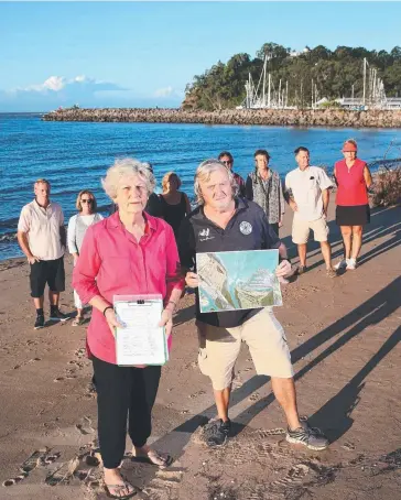  ?? Picture: BRENDAN RADKE ?? NOT HAPPY: Marilyn Wallace from the action group and Commodore of the Yorkeys Knob Boating Club Don Cortis with a group of supporters on the proposed land.