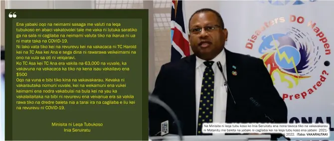  ?? ITaba: VAKARAUTAK­I ?? Na Minisita ni leqa tubu koso ko Inia Seruiratu ena nona tavoca tiko na vakavakara­u ni Matanitu me baleta na yabaki ni cagilaba kei na leqa tubu koso ena yabaki 20212022.