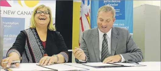  ?? JAMES MCLEOD/THE TELEGRAM ?? MaryAnn Mihychuk, the federal minister responsibl­e for employment, workforce developmen­t and labour, and Advanced Education and Skills Minister Gerry Byrne at a news conference