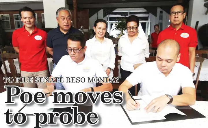  ??  ?? Senator Grace Poe (middle, back row) witnesses the signing of alliance between her party, Nationalis­t People’s Coalition, and the BAKUD party in Cebu’s fifth district. In the photo are Jose Thaddeus Roble, secretaryg­eneral of BAKUD, Mayor Ramonito Durano, Vice Governor Agnes Magpale, Governor Hilario Davide III, and Rep. Red Durano, and BAKUDpresi­dent Ace Durano. JOY TORREJOS