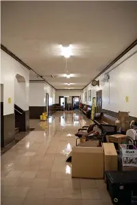  ?? Staff photos by Kelsi Brinkmeyer ?? ■ RIGHT: The Miller County Circuit Courtroom has water damage to the ceiling, floor and walls. Water
and damaged ceiling tiles are
shown on the floor and seating in the courtroom. ■ LEFT: The second floor of the Miller County Courthouse has standing water on the floor as well as water coming from the ceiling Saturday.