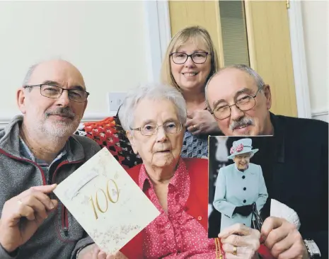  ??  ?? Field View Care Home resident Sheila Dunn celebrates her 100 birthday with children Adrian Dunn, Sheila Wood and Keith Dunn.