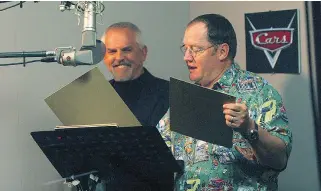  ??  ?? John Lasseter, right, considers John Ratzenberg­er Pixar’s ‘good luck charm,’ and as such makes sure references to the actor appear in most Pixar Studio movies.