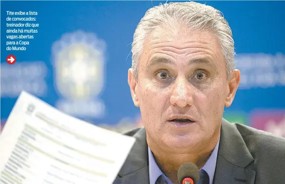  ??  ?? Tite exibe a lista de convocados: treinador diz que ainda há muitas vagas abertas para a Copa do Mundo