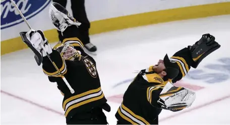  ?? Ap FilE ?? HUG IT OUT: Linus Ullmark, left, gets the starting nod tonight over the struggling Jeremy Swayman when the Bruins visit the Tampa Bay Lightning.