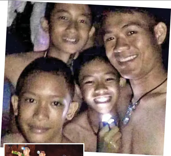  ??  ?? Courage: The trapped boys smile for a selfie before being rescued. Inset, Thai soldiers wade through flood waters