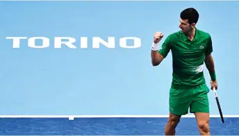  ?? — AFP photo ?? Djokovic reacts during his round-robin match against Rublev at the ATP Finals in Turin.