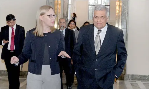  ??  ?? Prime Minister Ranil Wickremesi­nghe was in Finland this week for talks with that country’s leaders to finalise agreements on Finnish assistance for digital, health and education projects. He is seen here with Finland’s Speaker Maria Lohela