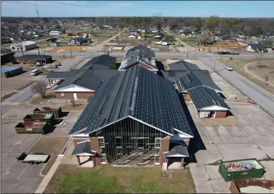  ?? (Arkansas Democrat-Gazette/Stephen Swofford) ?? Damage to the First United Methodist Church in Wynne from a March 31, 2023, tornado is seen almost a year later.