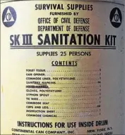  ??  ?? THE BUNKER was stocked in 1966 with this sanitation kit and 36 pounds of government biscuits.