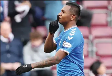  ??  ?? Alfredo Morelos celebratin­g his equalising goal against Hearts at Tynecastle