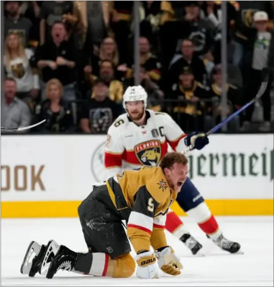  ?? JOHN LOCHER — THE ASSOCIATED PRESS ?? Vegas Golden Knights center Jack Eichel yells after being hit by Florida Panthers left wing Matthew Tkachuk during the second period of Game 2of the Stanley Cup Finals on Monday. The North Chelmsford native is two wins from a world title.