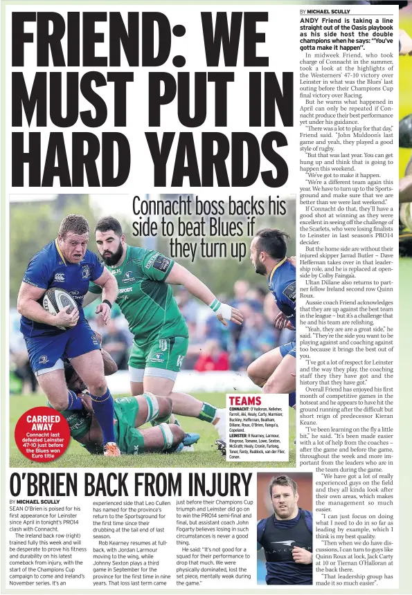  ??  ?? CARRIED AWAY Connacht last defeated Leinster 47-10 just before the Blues won Euro title