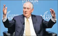  ?? AP PHOTO ?? Secretary of State Rex Tillerson gestures while answering questions about the relationsh­ip between the U.S. and countries in Africa, at George Mason University in Fairfax, Va.