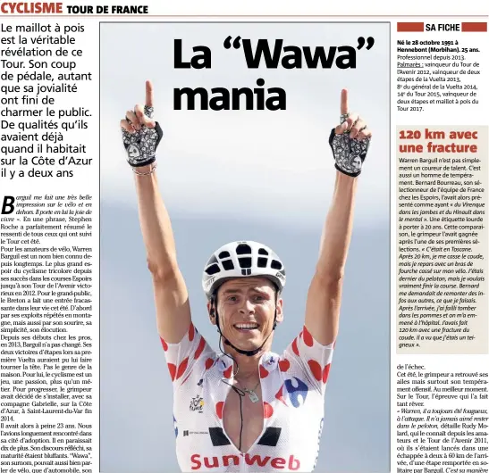  ??  ?? Une victoire à la pédale sur l’étape reine du Tour, en haut de l’Izoard, avec le maillot à pois sur les épaules. Barguil est entré par la grande porte dans le livre d’histoire du Tour. (Photo EPA/MaxPPP)