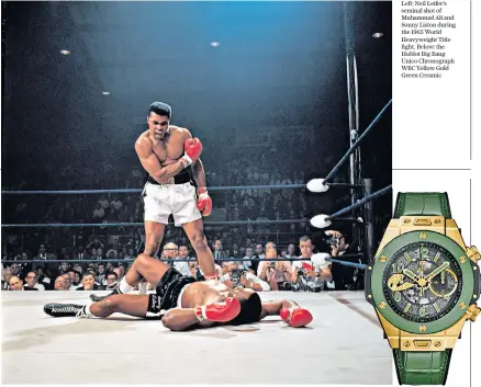  ??  ?? Below: Neil Leifer, centre, receives his Lifetime Achievemen­t in Sports award from Michael Buffer, left, and Mauricio Sulaimán. Below right: boxing royalty line up at the 2019 Hublot/ WBC Night of Champions
Left: Neil Leifer’s seminal shot of Muhammad Ali and Sonny Liston during the 1965 World Heavyweigh­t Title fight. Below: the Hublot Big Bang Unico Chronograp­h WBC Yellow Gold Green Ceramic