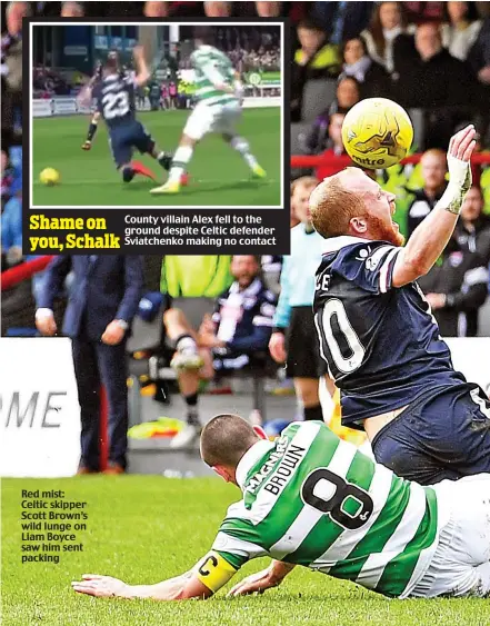  ??  ?? Red mist: Celtic skipper Scott Brown’s wild lunge on Liam Boyce saw him sent packing