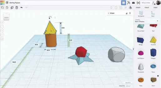  ??  ?? Above: A simple 3D scene created by placing some basic primitives on the workspace. The solid primitives have then been positioned and resized. You will note that by selecting an object (the yellow pyramid), it is immediatel­y quoted. The selected object can be easily rotated, resized, and deformed using the control points shown