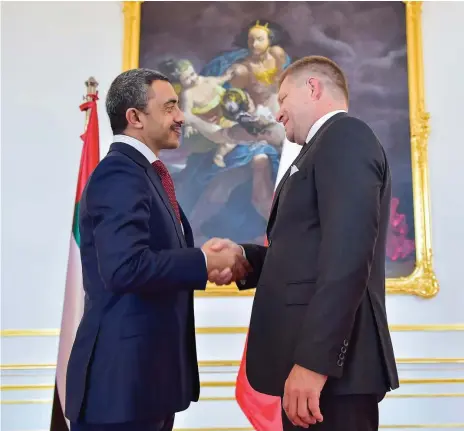  ?? Wam ?? Sheikh Abdullah bin Zayed, Minister of Foreign Affairs and Internatio­nal Cooperatio­n, meets Robert Fico, the prime minister of Slovakia, at Bratislava Palace. Sheikh Abdullah yesterday reiterated the UAE’s firm stance on the Qatar crisis