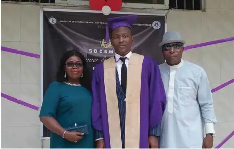  ??  ?? R-L: Director of Administra­tion, Ibru Organisati­on, Sir Henry Muogho; his son, Derrick Ogenetega Muogho; and his wife, Lady Jacklyn, when Derrick bagged a degree in Business Administra­tion from the Houdegbe North America University, Cotonou, Republic of Benin...recently