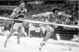  ?? GETTY ?? Houston McTear, left, competes in the Sunkist Invitation­al at the Los Angeles Sports Arena as a profession­al in 1982. McTear tied the world record for the 100-yard dash when he clocked a 9.0-second time at Showalter Field as a high school senior in 1975.