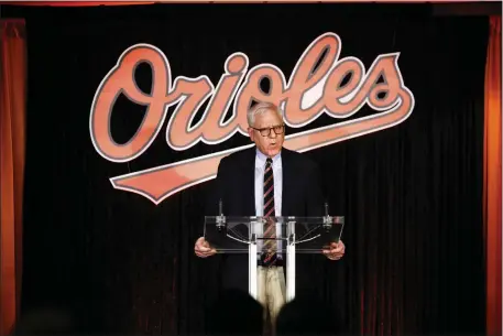  ?? JULIA NIKHINSON — THE ASSOCIATED PRESS ?? Baltimore Orioles majority owner David Rubenstein speaks at a press conference prior to a baseball game against the Los Angeles Angels, Thursday, March 28, 2024, in Baltimore.